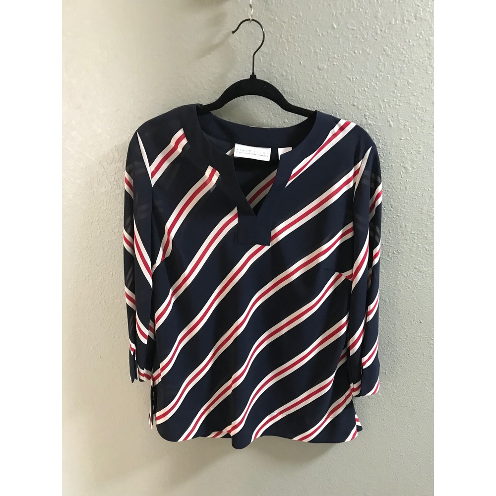 First Issue Liz Claiborne Women Navy Blue Red White Striped V-Neck Blouse Large
